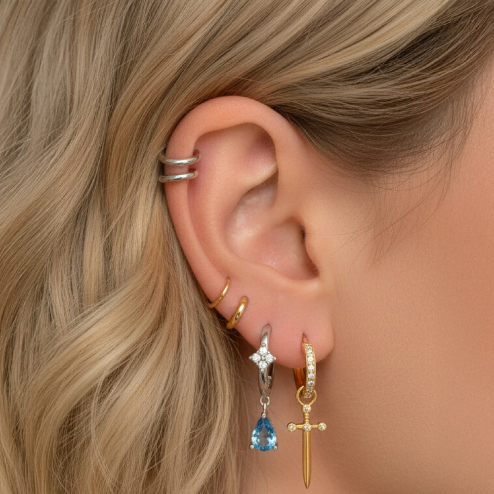 Mono boucle d oreille aigue marine bleue